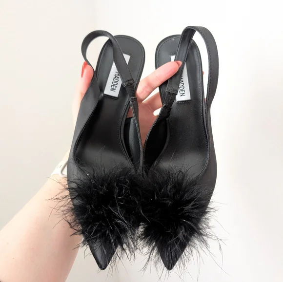 Steve Madden Black Feather Pom Pom Blythe Satin Slingback Heels Pumps - Picture 2 of 10